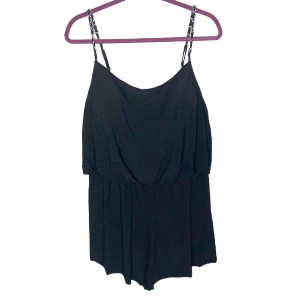 Aqua Green Romper Swimsuit One Piece Black with Silver Chain Straps Size XL